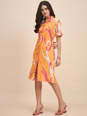 Printed shirt collar a line dress 3
