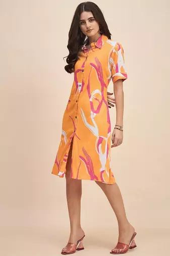 Printed shirt collar a line dress