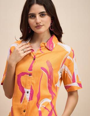 Printed shirt collar a line dress 5