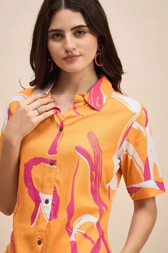 Printed shirt collar a line dress
