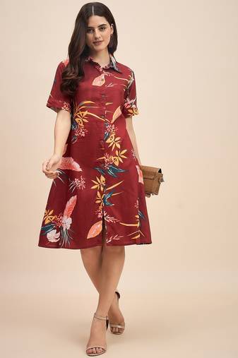 Floral print shirt collar shirt dress