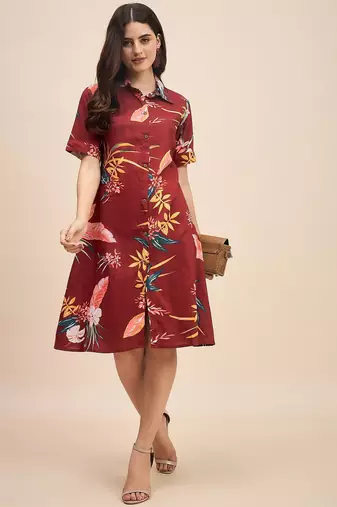 Floral print shirt collar shirt dress