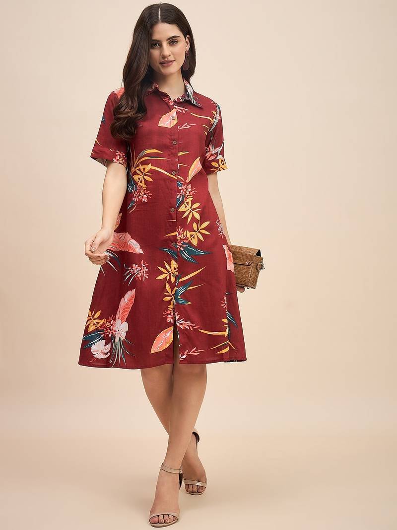 Floral print shirt collar shirt dress