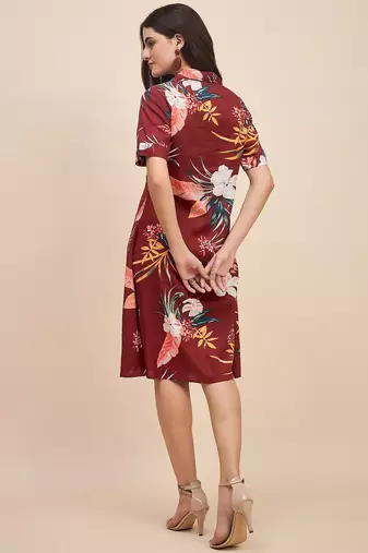 Floral print shirt collar shirt dress