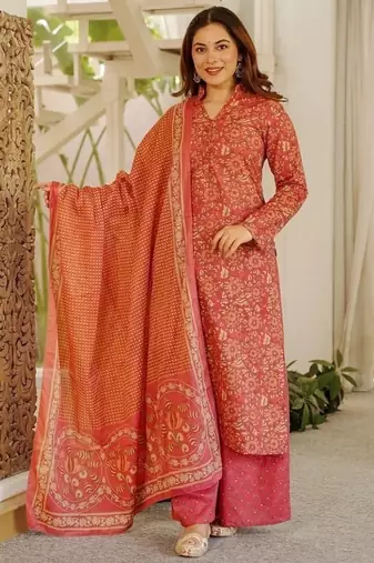  cambric cotton kurti set with dupatta & bottomheavy printed casual outfit