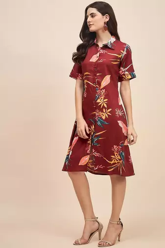 Floral print shirt collar shirt dress