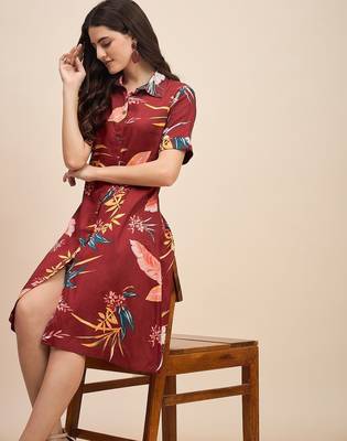 Floral print shirt collar shirt dress 5