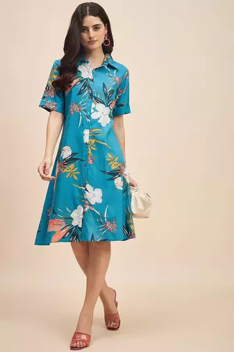 Floral printed shirt collar a line dress