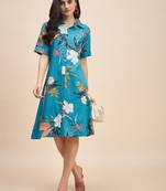 Floral printed shirt collar a line dress
