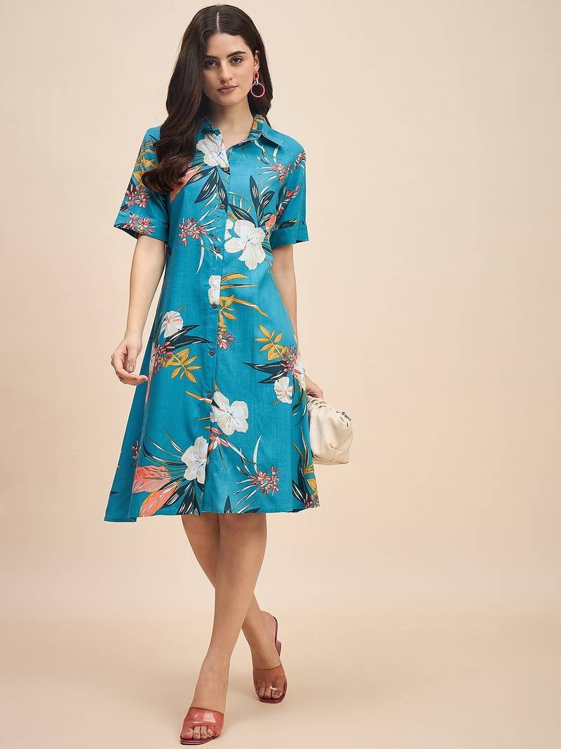 Floral printed shirt collar a line dress