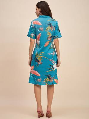 Floral printed shirt collar a line dress 2
