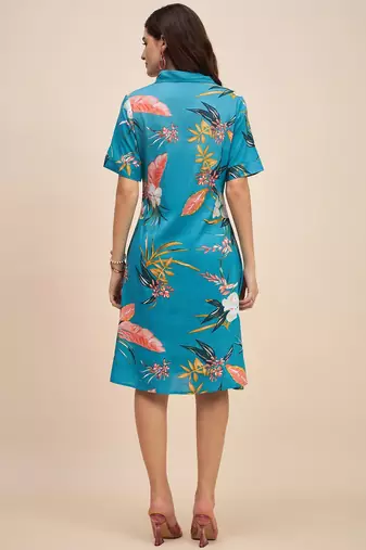 Floral printed shirt collar a line dress