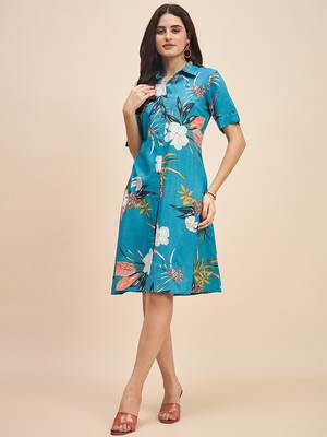 Floral printed shirt collar a line dress 3