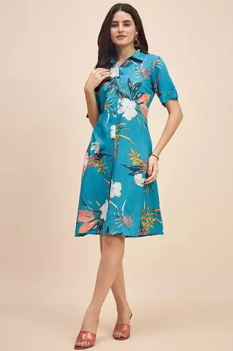 Floral printed shirt collar a line dress