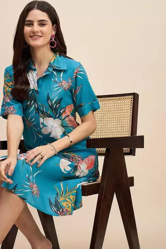 Floral printed shirt collar a line dress