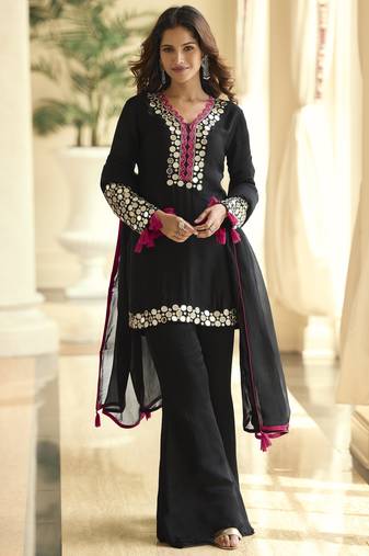 Latest designer premium simar silk mirror work top with palazzo & dupatta set
