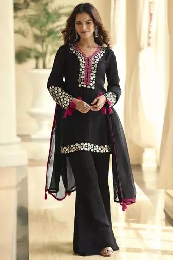Latest designer premium simar silk mirror work top with palazzo & dupatta set