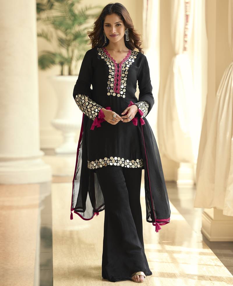 Latest designer premium simar silk mirror work top with palazzo & dupatta set