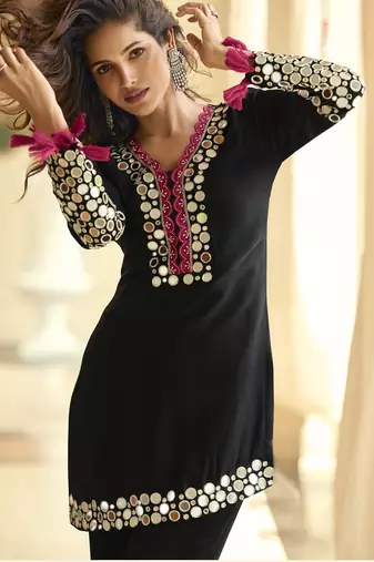 Latest designer premium simar silk mirror work top with palazzo & dupatta set