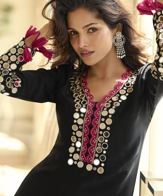 Latest designer premium simar silk mirror work top with palazzo & dupatta set 3