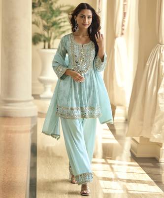 Latestpremium simar silk mirror work top with palazzo & dupatta set 1