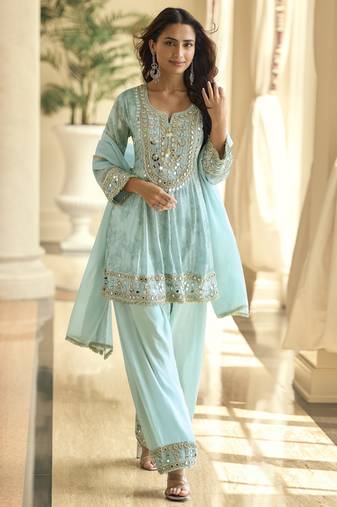 Latestpremium simar silk mirror work top with palazzo & dupatta set