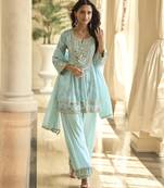 Latestpremium simar silk mirror work top with palazzo & dupatta set