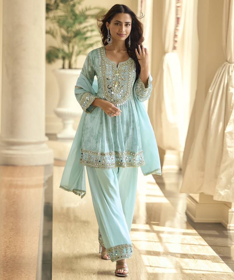 Latestpremium simar silk mirror work top with palazzo & dupatta set