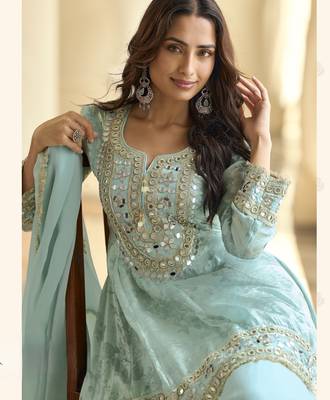 Latestpremium simar silk mirror work top with palazzo & dupatta set 2