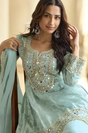 Latestpremium simar silk mirror work top with palazzo & dupatta set