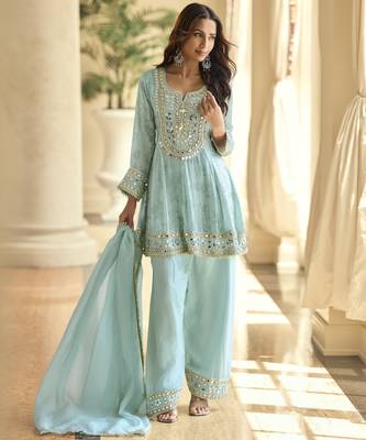 Latestpremium simar silk mirror work top with palazzo & dupatta set 3