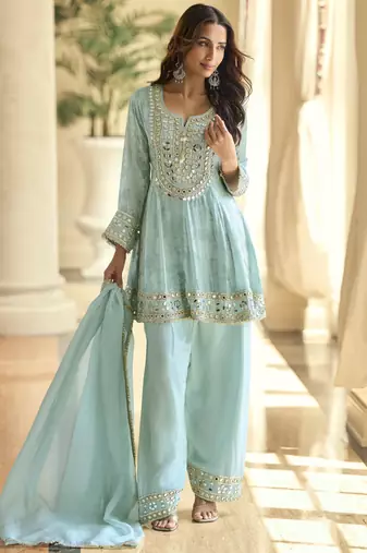 Latestpremium simar silk mirror work top with palazzo & dupatta set