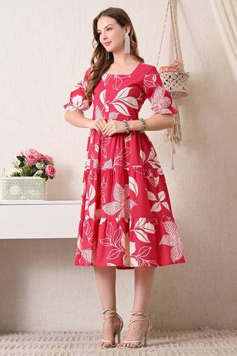 Floral print puff sleeve a line midi dress