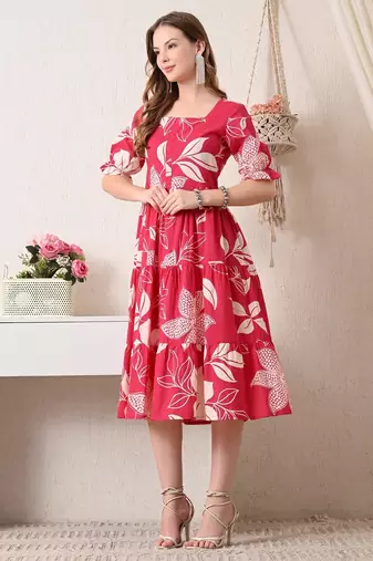 Floral print puff sleeve a line midi dress