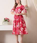 Floral print puff sleeve a line midi dress