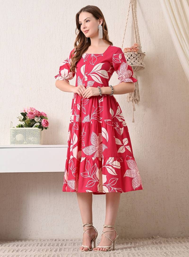Floral print puff sleeve a line midi dress