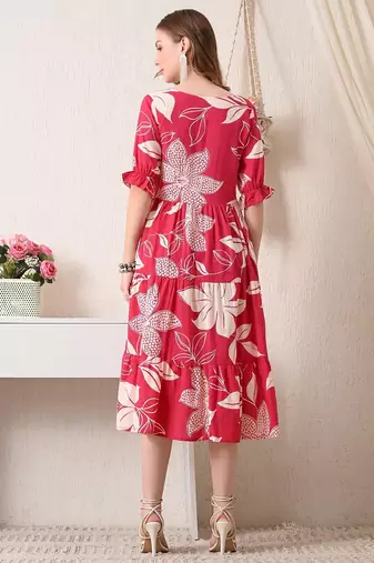 Floral print puff sleeve a line midi dress