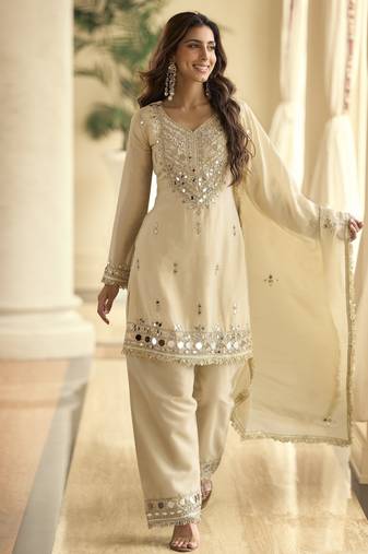 Latestpremium simar silk mirror work top with palazzo & dupatta set