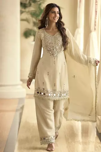 Latestpremium simar silk mirror work top with palazzo & dupatta set