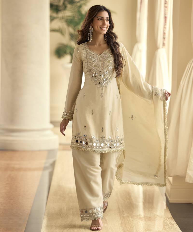 Latestpremium simar silk mirror work top with palazzo & dupatta set