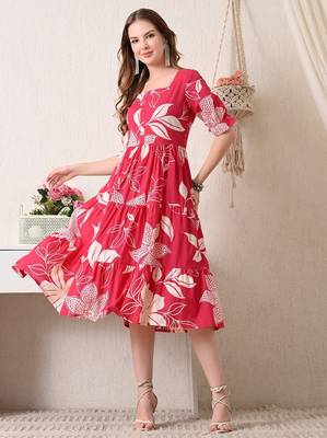 Floral print puff sleeve a line midi dress 3