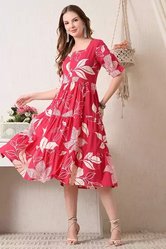 Floral print puff sleeve a line midi dress