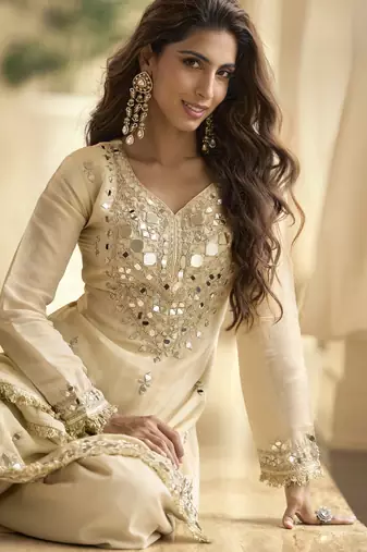 Latestpremium simar silk mirror work top with palazzo & dupatta set