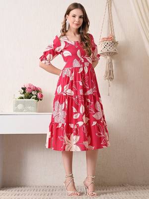 Floral print puff sleeve a line midi dress 4