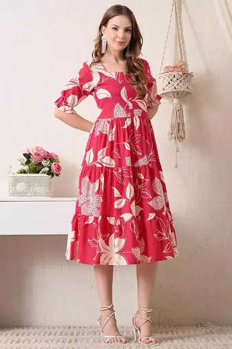Floral print puff sleeve a line midi dress