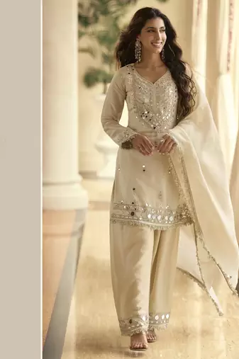 Latestpremium simar silk mirror work top with palazzo & dupatta set