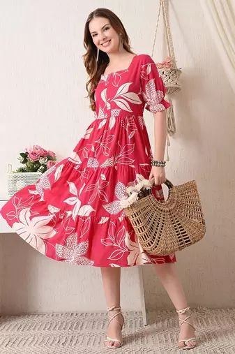 Floral print puff sleeve a line midi dress