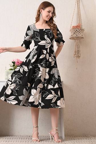 Floral print puff sleeve fit & flare dress