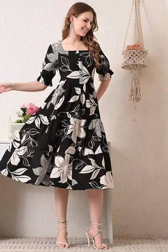 Floral print puff sleeve fit & flare dress