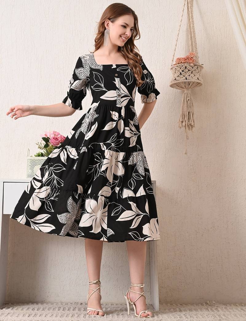 Floral print puff sleeve fit & flare dress